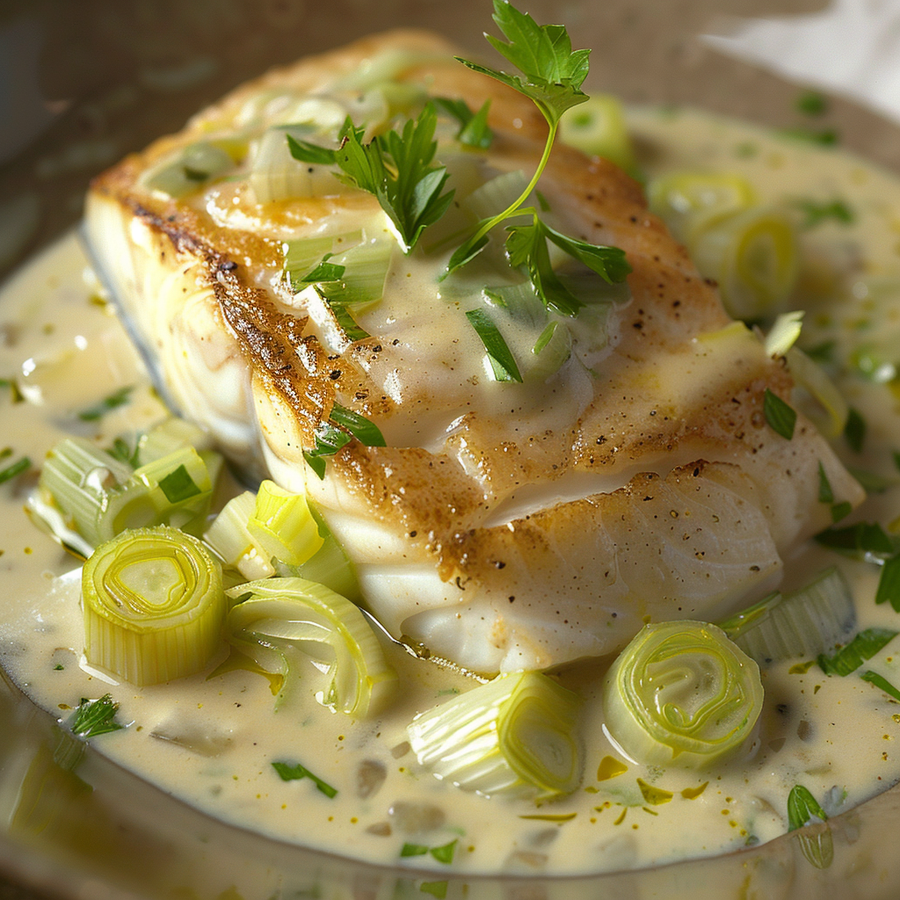 Seared Halibut with Creamy Mustard Leeks