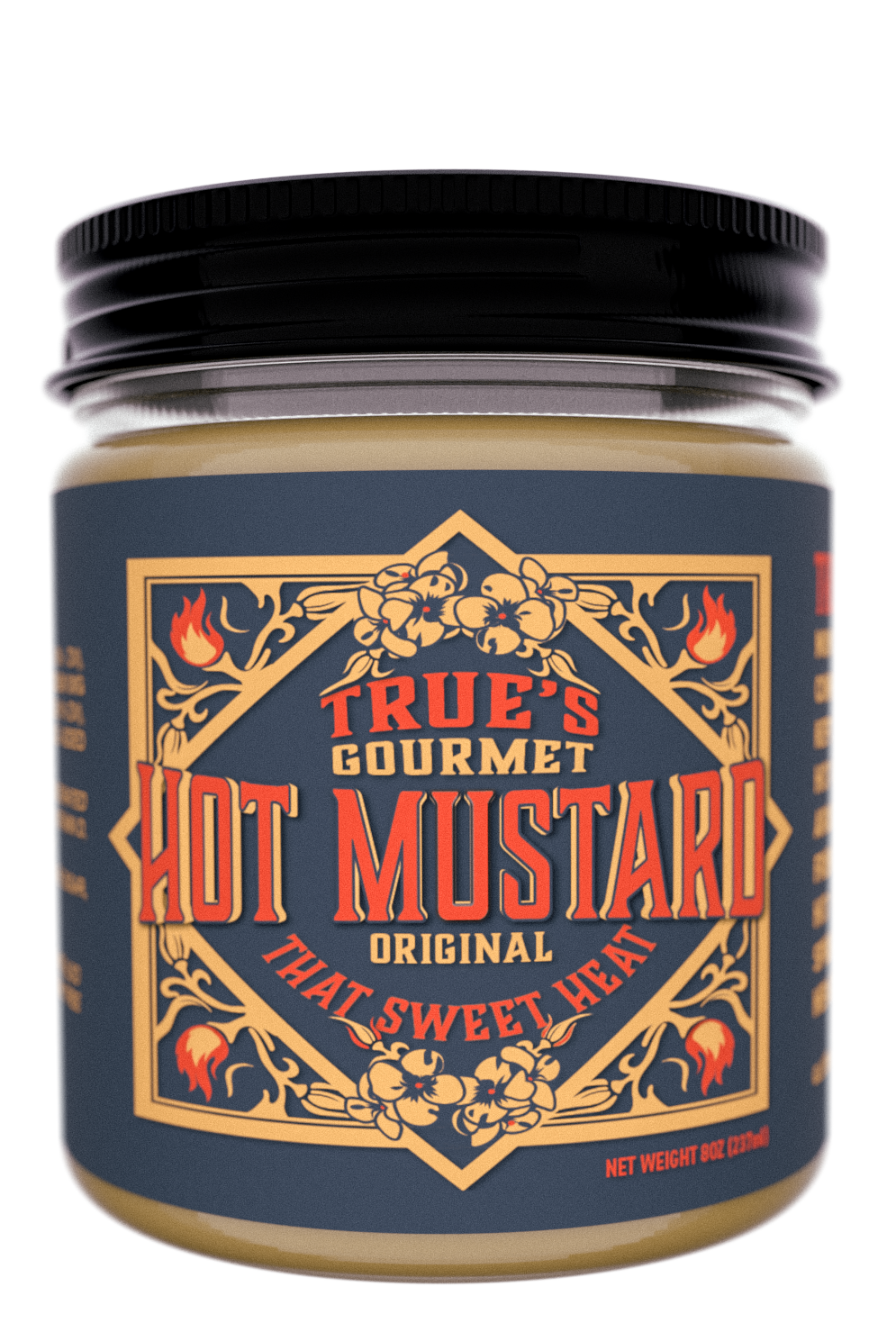 True&rsquo;s Gourmet Hot Mustard &mdash; jar with vermilion label.